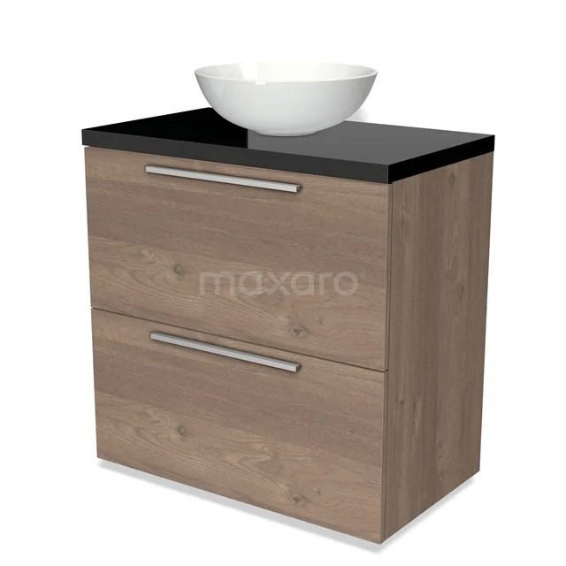 Holz Badezimmermöbel mit zwei Schubladen, schwarzer Oberseite und weißer schalenförmiger Waschbecken. Modernes Design für ein stilvolles Badezimmer.