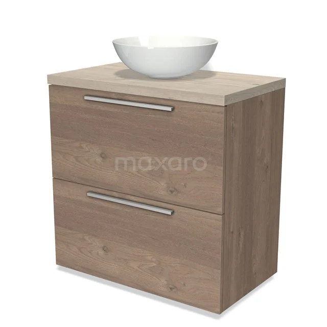 Modulo Plato Vanity units for countertop basin | 80 cm Mid brown oak Flat front Light grey oak worktop 2 stacked drawers under each other BMK13-00344