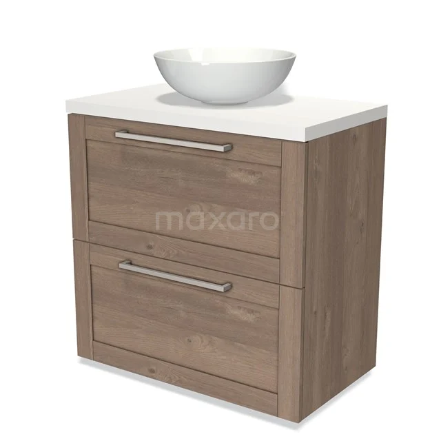 Wooden bathroom unit with white surface-mounted vanity basin, two drawers and modern design for a stylish and practical bathroom.