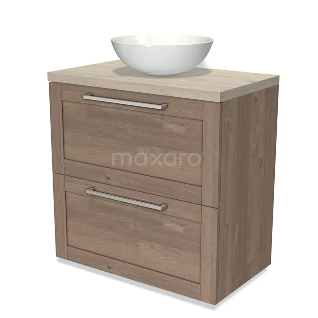 Wooden bathroom unit with white bowl-shaped vanity units with basin, two drawers and metal handles, modern design.