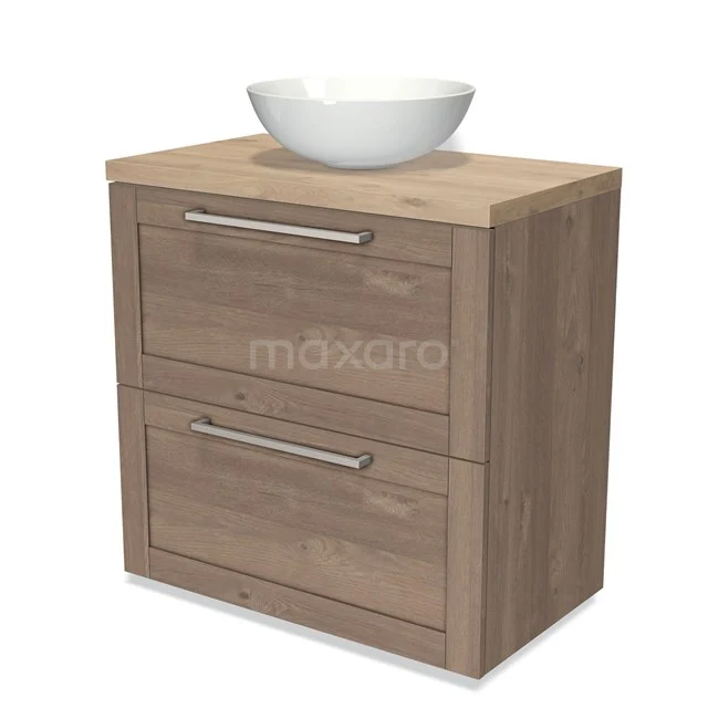 Modulo Plato Badkamermeubel voor waskom | 80 cm Middenbruin eiken Kader front Lichtbruin eiken blad 2 hoge lades onder elkaar BMK13-00359