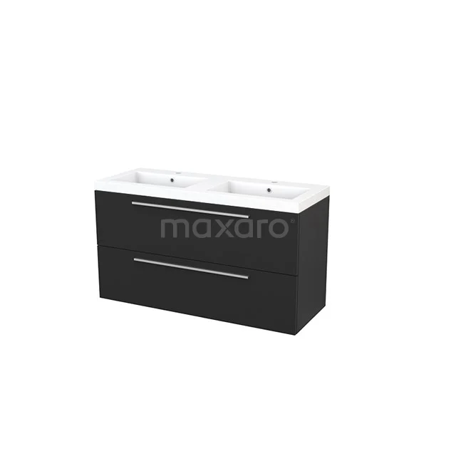 Modulo+ Vanity units with basin | 120 cm Carbon Flat front Mineral marble 2 Stacked drawers BMP003470 Black bathroom unit with double white vanity units with basin, modern design, sleek finish with metal handles, ideal bathroom set.