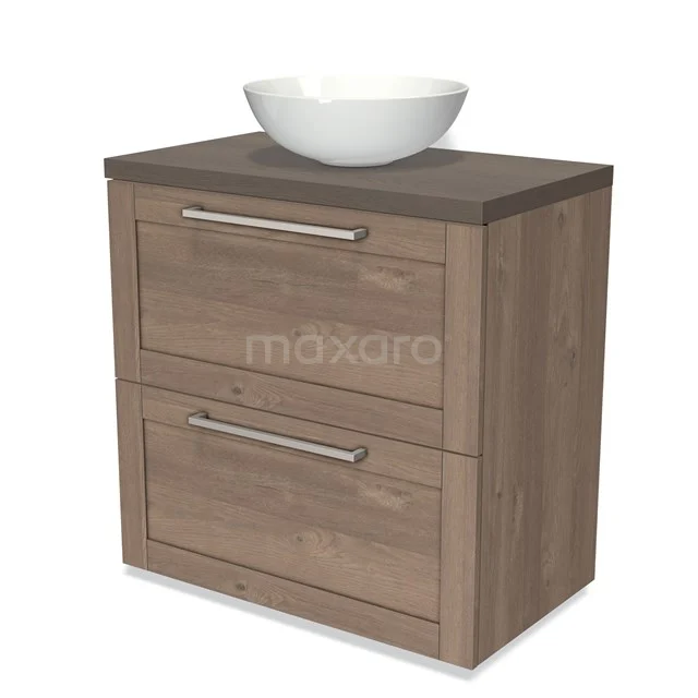 Wooden bathroom unit with countertop wash basin, modern design, two drawers and metal handles for stylish bathroom storage.