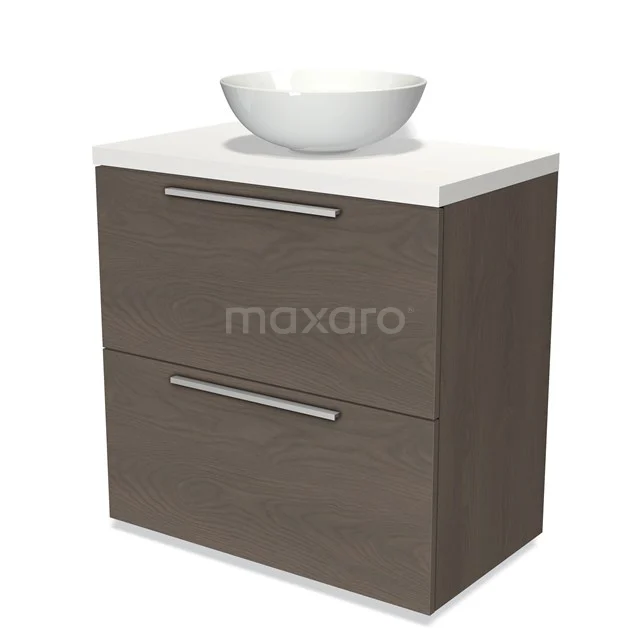 Modulo Plato Vanity units for countertop basin | 80 cm Dark brown oak Flat front Matte white worktop 2 stacked drawers under each other BMK13-00368