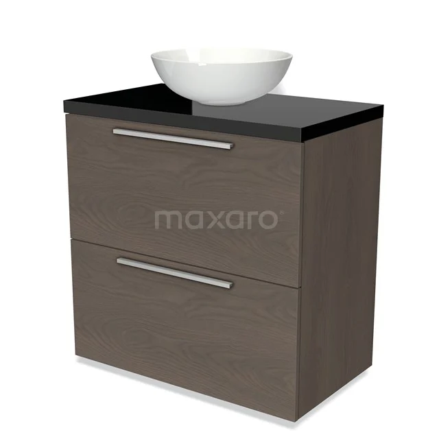 Modulo Plato Vanity units for countertop basin | 80 cm Dark brown oak Flat front High-gloss black worktop 2 stacked drawers under each other BMK13-00370