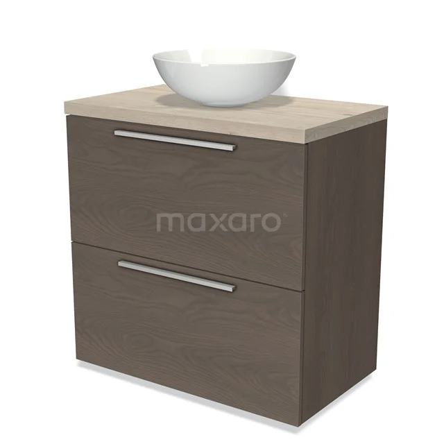 Modulo Plato Vanity units for countertop basin | 80 cm Dark brown oak Flat front Light grey oak worktop 2 stacked drawers under each other BMK13-00372