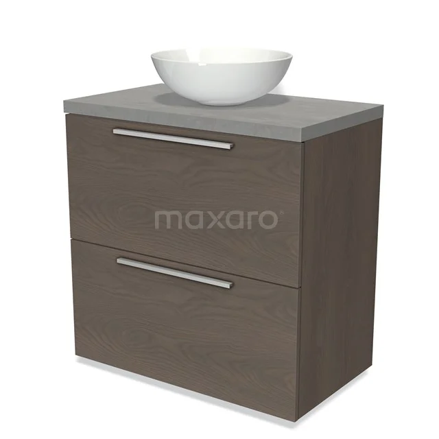Modulo Plato Vanity units for countertop basin | 80 cm Dark brown oak Flat front Light grey concrete worktop 2 stacked drawers under each other BMK13-00377