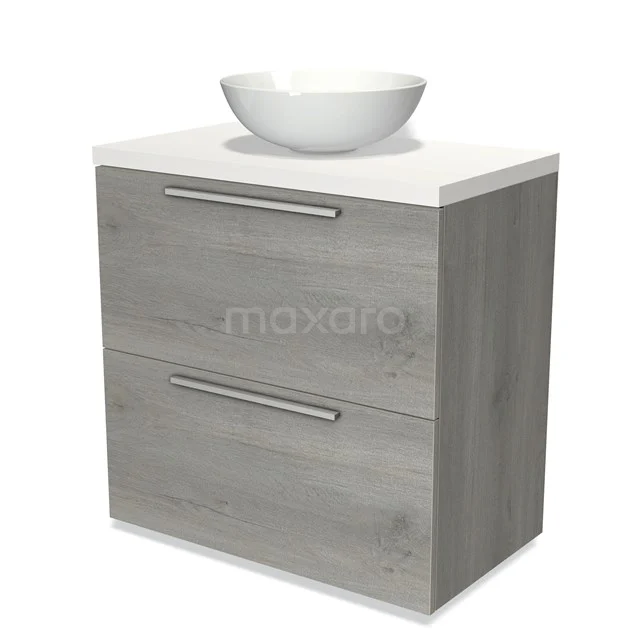 Grau Holz Badezimmermöbel mit weißem Aufsatzwaschbecken, modernes Design, zwei Schubladen und metallischen Haltegriffen.