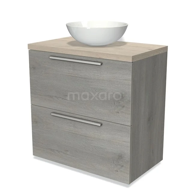 Graue Eiche Badmöbel mit zwei Schubladen, Naturholz-Optik und weißem Aufsatzwaschbecken, ideal für ein modernes Badezimmer.