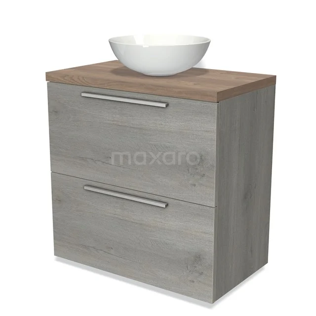 Modulo Plato Vanity units for countertop basin | 80 cm Grey oak Flat front Mid brown oak worktop 2 stacked drawers under each other BMK13-00402 Grey bathroom unit with wood-look worktop, ceramic white countertop wash basin, two drawers and modern handles, ideal choice for stylish bathrooms.