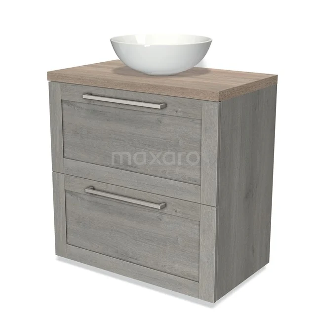 Grey bathroom furniture set with wood-look and white countertop basin, modern design and two spacious drawers.