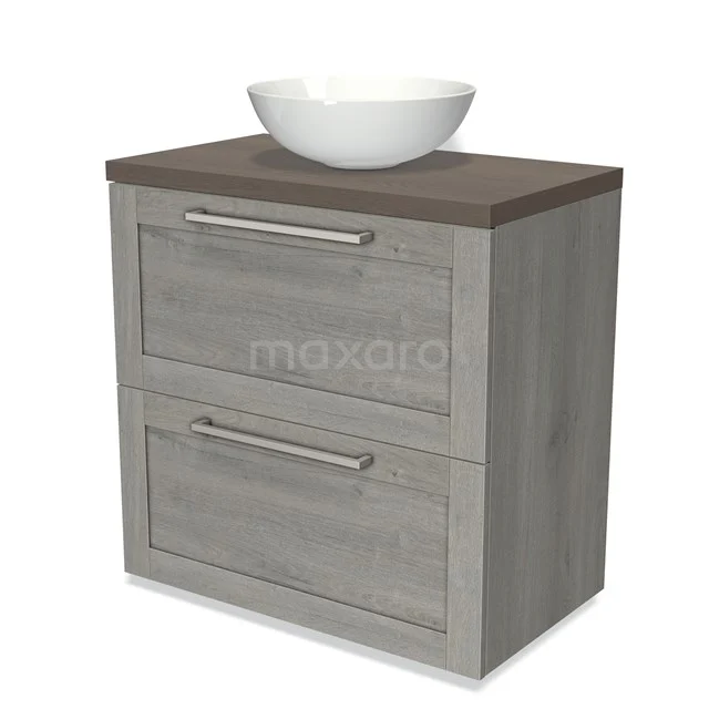 Grey wooden Bathroom unit with two drawers, dark wooden worktop and white round countertop wash basin, ideal for stylish bathroom decor.
