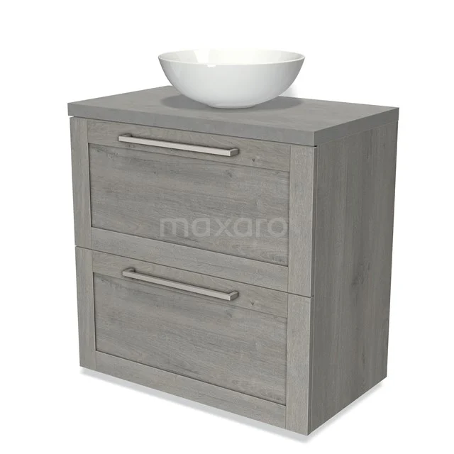 Grey wooden bathroom unit with two drawers and a white surface-mounted vanity units for countertop wash basin, modern design for stylish bathroom design.