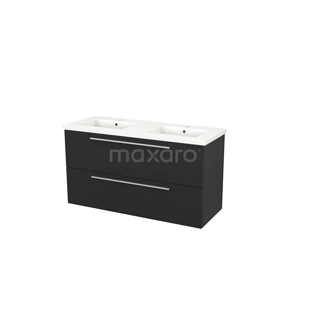 Black bathroom furniture set with two drawers and a double white basin, modern design made of high-quality MDF material.