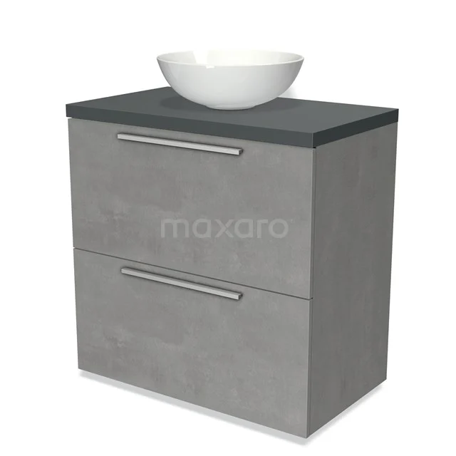 Badmöbel für Waschtischunterschrank mit Konsole 80cm Modulo Plato Hellgrauer Beton 2 hohe Schubladen Flache Dunkelgraue Platte BMK13-00425 Graue Badmöbelset mit Betonlook, schwarzer Platte und weißem komförmigen Waschbecken, ideal für moderne Bäder.
