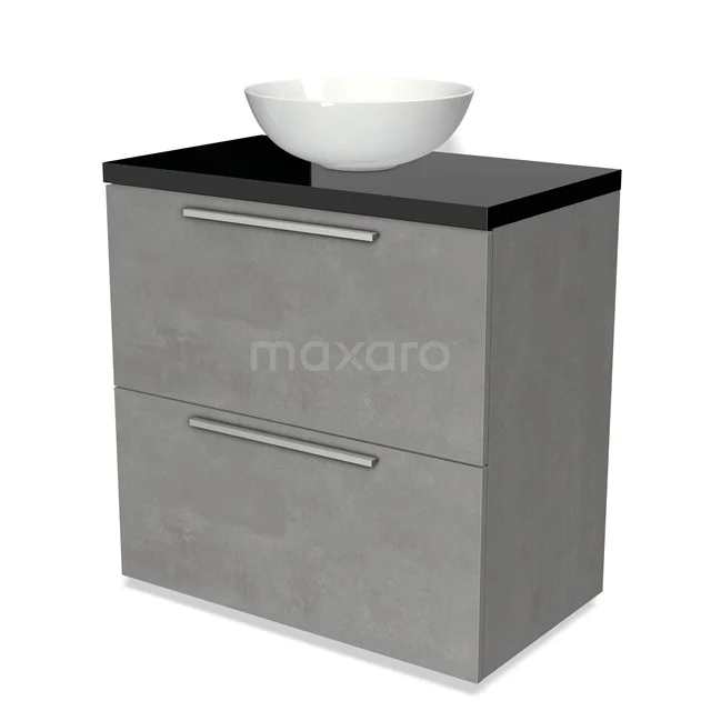 Badmöbel für Waschtischunterschrank mit Konsole 80cm Modulo Plato hellgrauer Beton 2 hohe Schubladen Flach Hochglanz Schwarz Platte BMK13-00426 Moderne Badmöbelset mit grauen Schubladen, schwarzer Oberfläche und weißem Aufsatzwaschbecken, ideal für eine stilvolle Badezimmergestaltung.