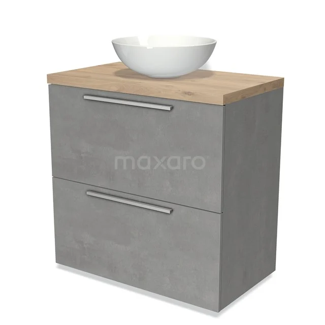 Badmöbel für Waschtischunterschrank mit Konsole 80cm Modulo Plato hellgrauer Beton 2 hohe Schubladen Flach hellbraune Eiche Platte BMK13-00429 Grauer Badschrank mit Betonlook, Holzplatte und weißem, schalenförmigem Waschbecken, ideal für moderne Badezimmerinterieurs.