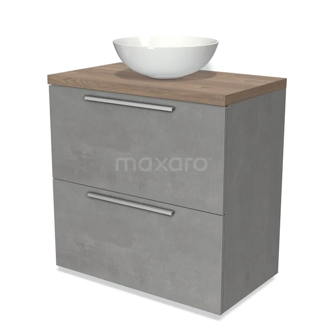 Grauer Badschrank mit Holzlook Platte und weißem Aufsatzwaschbecken, modernes Design, ideal für stilvolle Badezimmerlagerung.