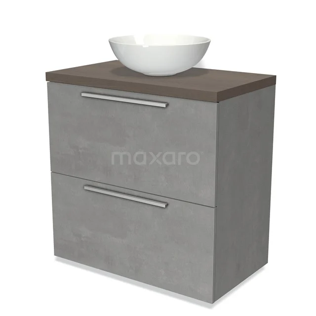 Modulo Plato Vanity units for countertop basin | 80 cm Light grey concrete Flat front Dark brown oak worktop 2 stacked drawers under each other BMK13-00431