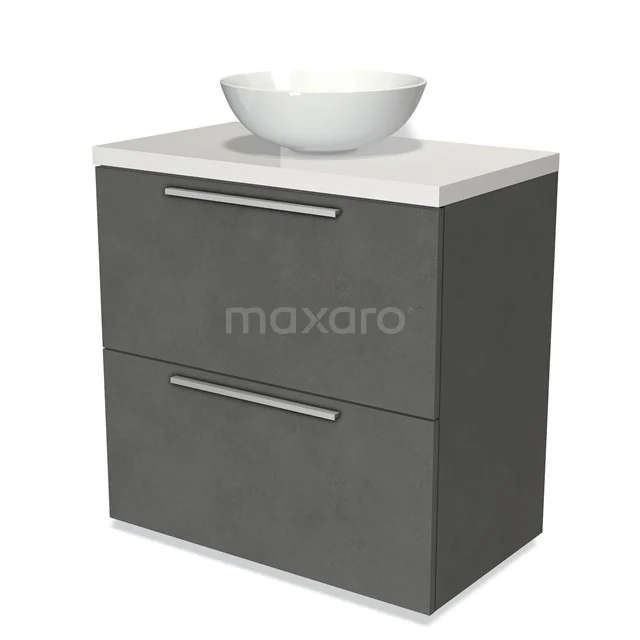 Graue Badmöbelset mit weißem Aufsatzwaschbecken, modernes Design, zwei Schubladen und kratzfestem Oberfläche, ideal für das Badezimmer.