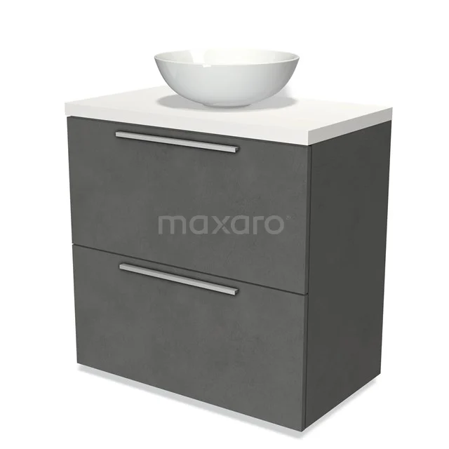 Bathroom cabinet in grey with white basin, modern look, in matte concrete look with two drawers.