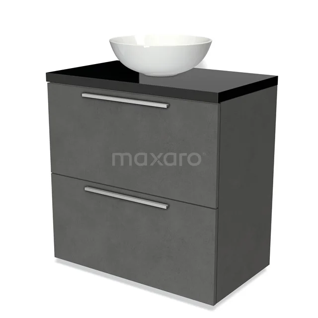 Grey bathroom furniture set with black top, ceramic basin and two wide drawers; modern and stylish design.