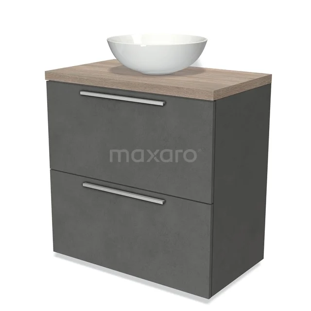 Modulo Plato Badmöbel mit Aufsatzwaschbecken | 80 cm Dunkelgrauer Beton Flach front Eiche blatt 2 hohe Schubladen übereinanderliegend BMK13-00441 Moderne graue Badmöbelset mit Holzlook Platte und weißem Aufsatzwaschbecken, ideal für stilvolle Badezimmer.