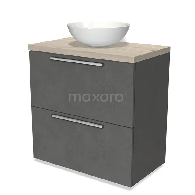 Modulo Plato Vanity units for countertop basin | 80 cm Dark grey concrete Flat front Light grey oak worktop 2 stacked drawers under each other BMK13-00442