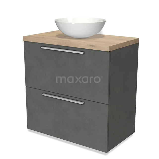 Graues Badezimmermöbel mit Holzplatte, keramischem Aufsatzwaschbecken und zwei Schubladen, modernes Design für stilvolle Badezimmergestaltung.