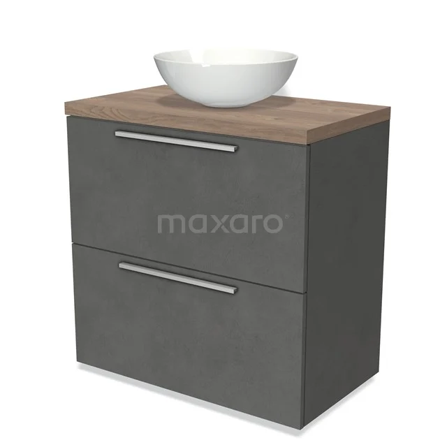 Modulo Plato Vanity units for countertop basin | 80 cm Dark grey concrete Flat front Mid brown oak worktop 2 stacked drawers under each other BMK13-00444
