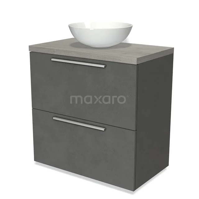 Graue Badmöbelset mit Betonlook, zwei Schubladen und weißem rundem Waschbecken, ideal für moderne Badezimmergestaltung.