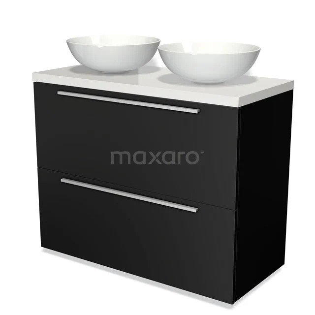 Schwarzer Badschrank mit doppelten weißen Waschbecken, moderne Ausstrahlung, matte Oberfläche, ideal für stilvolle Bäder.