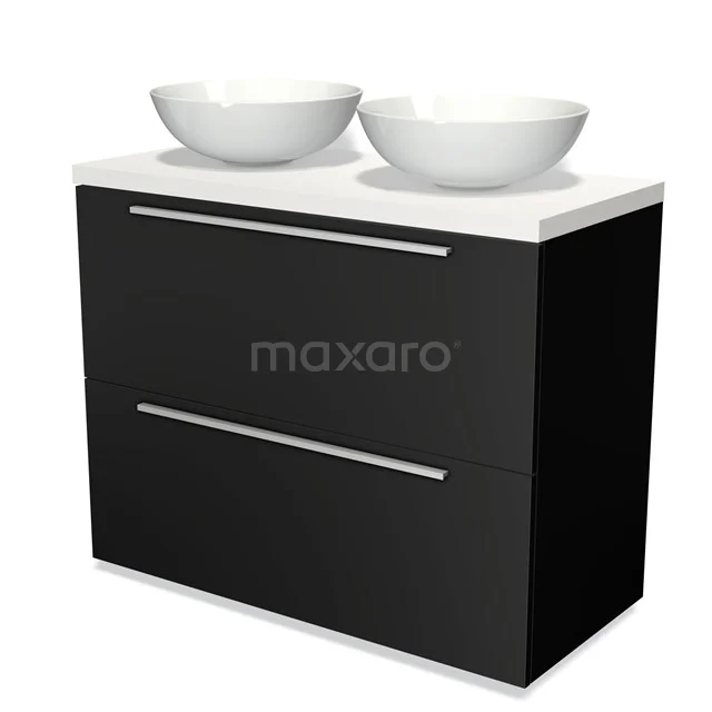 Badmöbel für Waschtischunterschrank mit Konsole 100cm Modulo Plato Matt Schwarz 2 hohe Schubladen Flach Matt Weiß Platte BMK13-00452 Schwarzes Badmöbel mit zwei weißen Aufsatzwaschbecken, modernes Design und schlichte Schubladen, ideal für ein stilvolles Badezimmer.