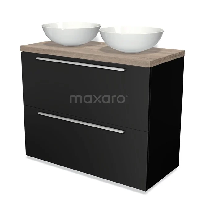Schwarzes Badmöbel mit Holzlook Platte, zwei runden Waschbecken und schlanken Metallgriffen für einen modernen Badezimmerstil.