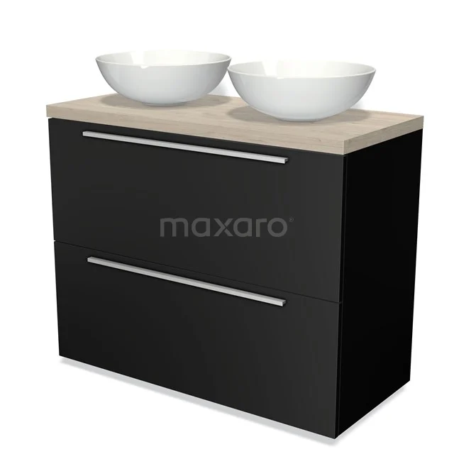Badmöbel für Aufsatzwaschbecken 100cm Modulo Plato Matt Schwarz 2 hohe Schubladen Flach Hellgraue Eiche Platte BMK13-00456 Schwarze Badmöbelset mit zwei weißen Aufsatzwaschbecken, Holzlook Platte und modernen, schlichten Haltegriffen für ein zeitgemäßes Badezimmer.