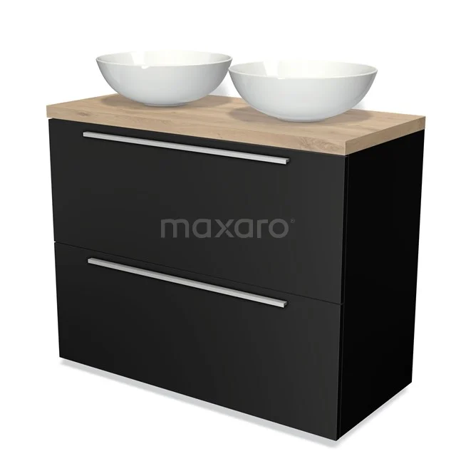 Badmöbel für Aufsatzwaschbecken 100cm Modulo Plato Matt Schwarz 2 hohe Schubladen Flach hellbraune Eiche Platte BMK13-00457 Schwarzer Badschrank mit Holzplatte, zwei weißen runden Aufsatzwaschbecken; stilvolles und praktisches Design für ein modernes Badezimmer.