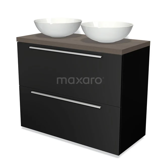 Modulo Plato Vanity units for countertop basin | 100 cm Matte black Flat front Dark brown oak worktop 2 stacked drawers under each other BMK13-00459 Black bathroom furniture set with double white countertop wash basin, wood-look top and metal handles, modern design.