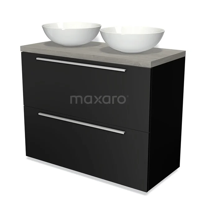 Schwarzer Badschrank mit doppelten weißen Aufsatzwaschbecken, Betonlook Platte, schickem Design und modernem Erscheinungsbild.