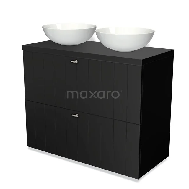 Schwarze Badmöbelset mit Doppelwaschbecken, modernes Design, ideal für stilvolle Badezimmerlösungen.