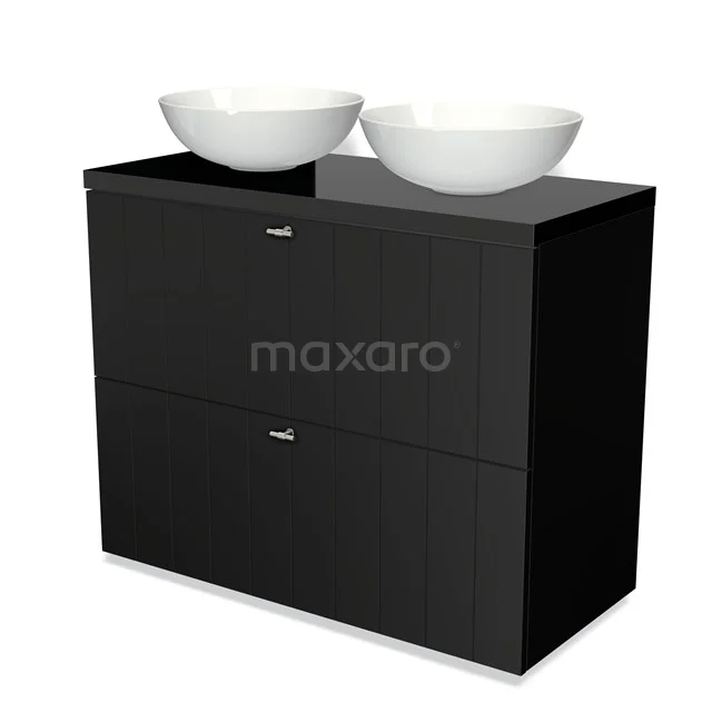 Modulo Plato Vanity units for countertop basin | 100 cm Matte black Slat front High-gloss black worktop 2 stacked drawers under each other BMK13-00468 Black bathroom unit with two white oval vanity units for countertop wash basins, modern design and spacious drawers for stylish bathroom storage.