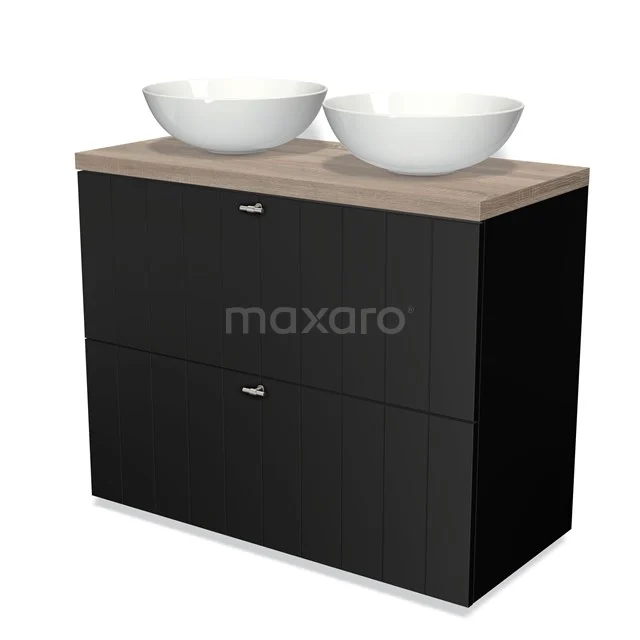 Black bathroom unit with wood-look worktop and double white round basins, perfect for a modern bathroom style.