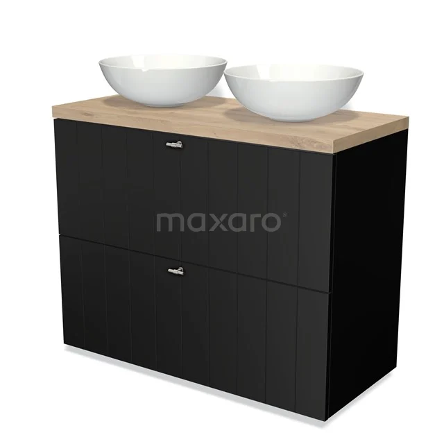 Modulo Plato Badmöbel mit Aufsatzwaschbecken | 100 cm Matt Schwarz Lamelle front Hellbraune Eiche blatt 2 hohe Schubladen übereinanderliegend BMK13-00471 Schwarzer Badschrank mit Holzlook Platte, zwei weißen keramischen Aufsatzwaschbecken und Schubladenlagerung, perfekt für ein modernes Badezimmer.