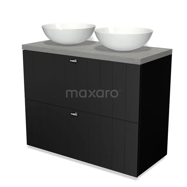 Black double vanity unit with two white top washbasins, matte white top and handleless drawers; stylish bathroom design.