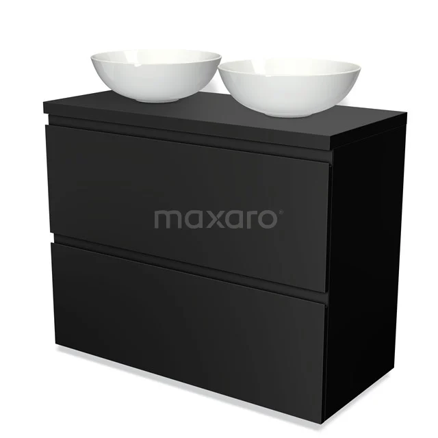 Schwarz Badezimmer Möbel mit doppelten weißen Aufsatzwaschbecken, minimalistisches Design, ideal für moderne Bäder.