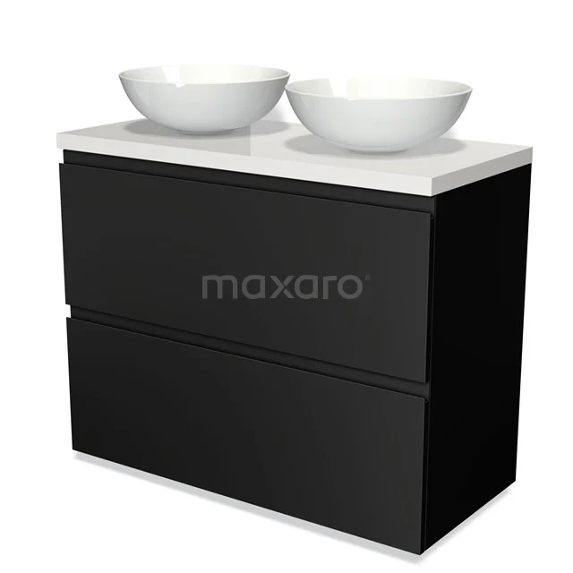 "Schwarze Badmöbelset mit zwei weißen Waschbecken, modernes Design und matte Oberfläche."