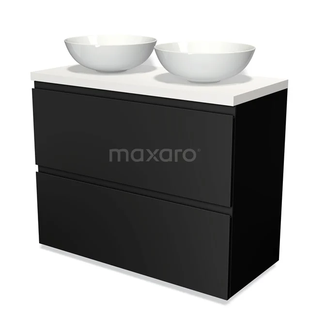 Schwarzes Badmöbel mit zwei weißen Aufsatzwaschbecken, modernes Design, ideal für moderne Bäder.