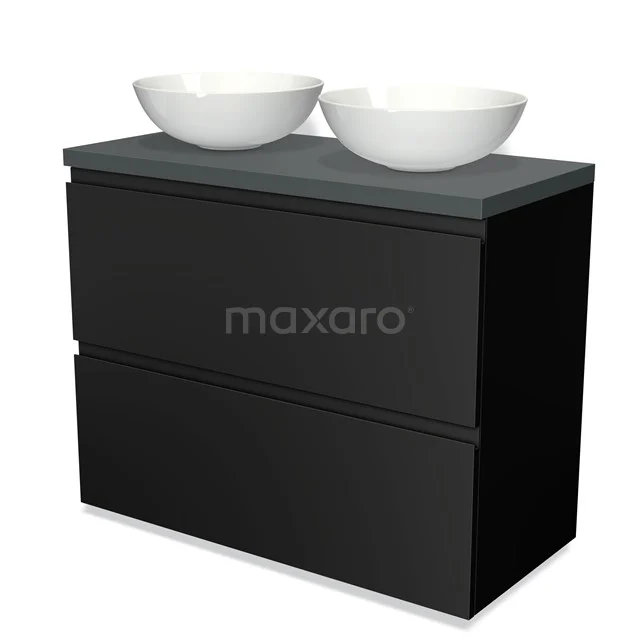 Schwarze Badmöbelset mit Doppelwaschbecken, keramischen Schalen und mattem grauen Top, ideal für moderne Badezimmergestaltung.