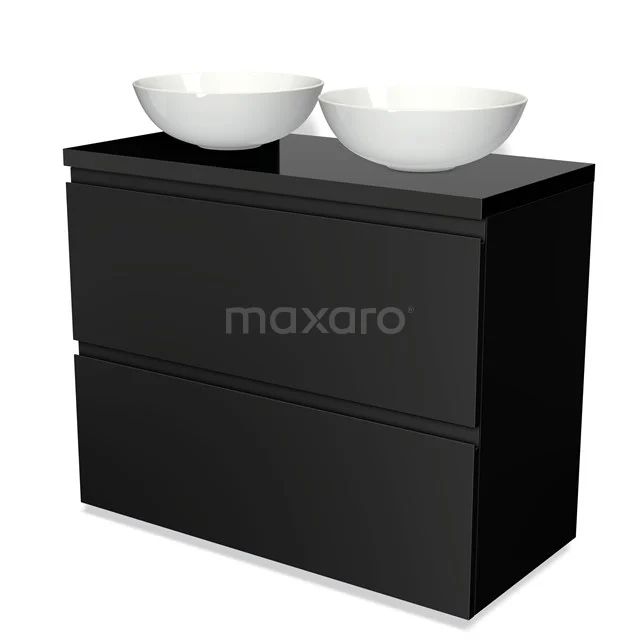 Modulo Plato Vanity units for countertop basin | 100 cm Matte black Handle-less front High-gloss black worktop 2 stacked drawers under each other BMK13-00482