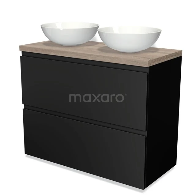 Modulo Plato Vanity units for countertop basin | 100 cm Matte black Handle-less front Oak worktop 2 stacked drawers under each other BMK13-00483
