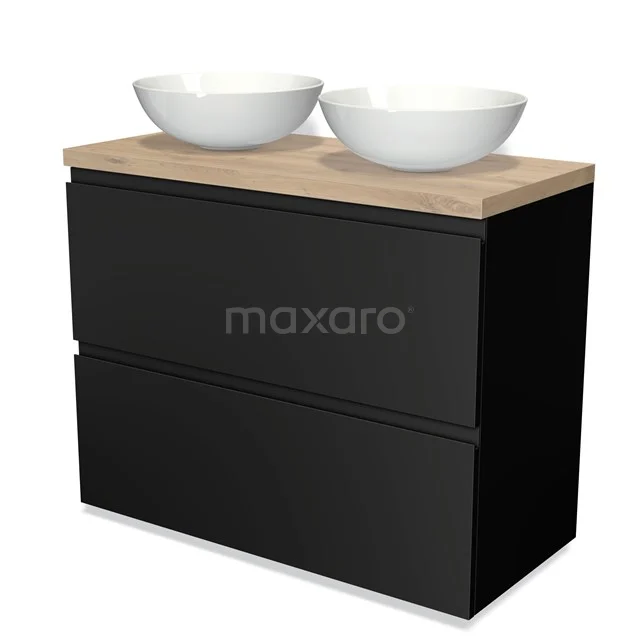 Modulo Plato Vanity units for countertop basin | 100 cm Matte black Handle-less front Light brown oak worktop 2 stacked drawers under each other BMK13-00485